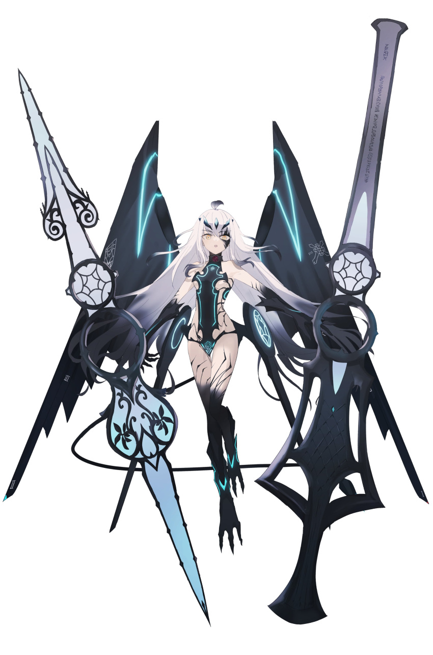 1girl, absurdres, black_hair, body_markings, colored_tips, dragon_girl, fairy_knight_lancelot_(fate), fairy_knight_lancelot_(third_ascension)_(fate), fate/grand_order, fate_(series), full_body, highres, long_hair, multicolored_hair, ne_f_g_o, revealing_clothes, simple_background, very_long_hair, white_background, white_hair, wings, yellow_eyes