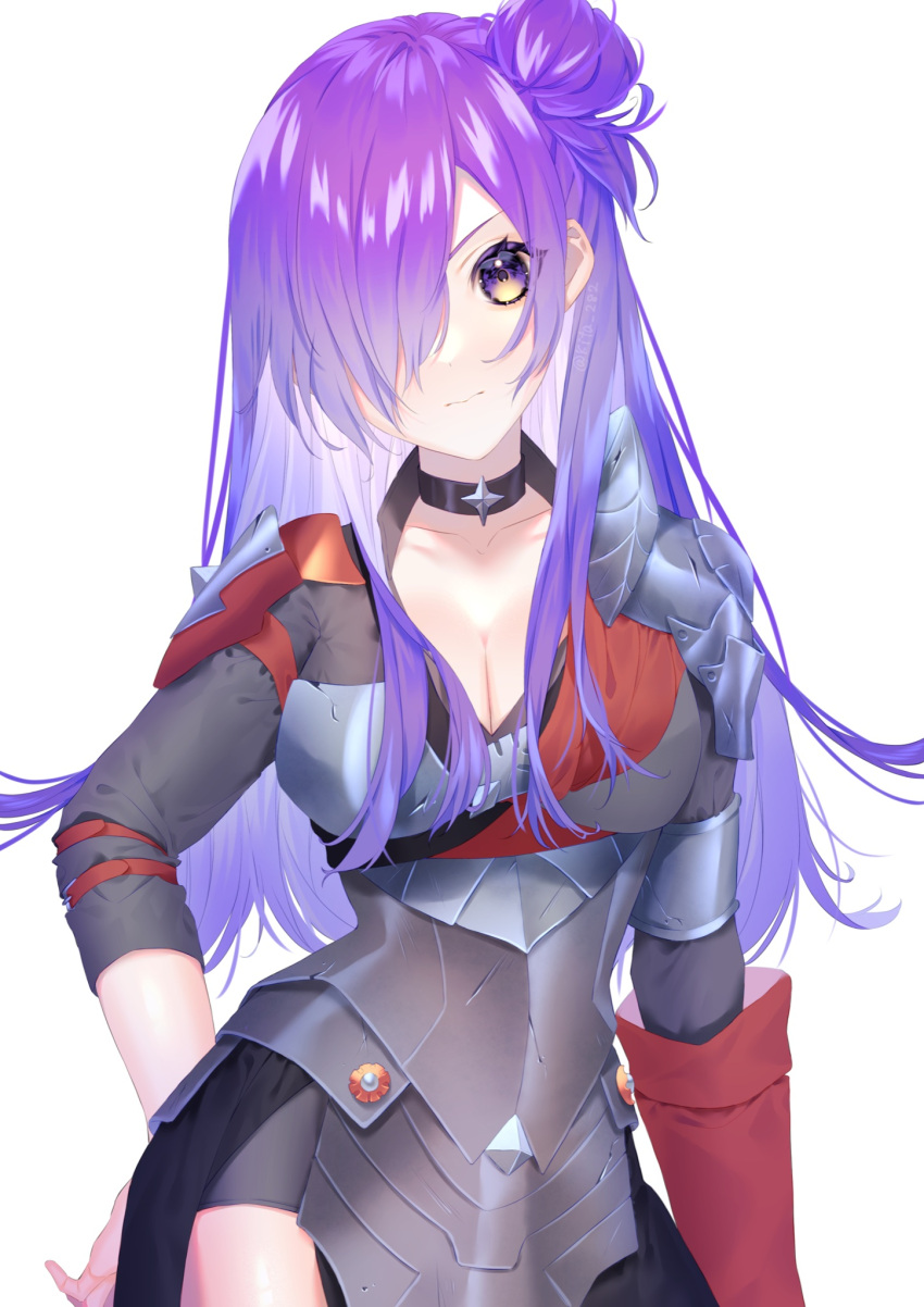 1girl, armor, breasts, choker, closed_mouth, fire_emblem, fire_emblem:_three_houses, fire_emblem_warriors:_three_hopes, hair_bun, hair_over_one_eye, highres, kita_282, long_hair, looking_at_viewer, medium_breasts, purple_hair, shez_(fire_emblem)_(female), shoulder_armor, upper_body, violet_eyes