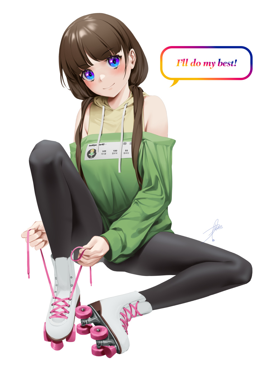 1girl, absurdres, bangs, bare_shoulders, black_legwear, blue_eyes, blunt_bangs, brown_hair