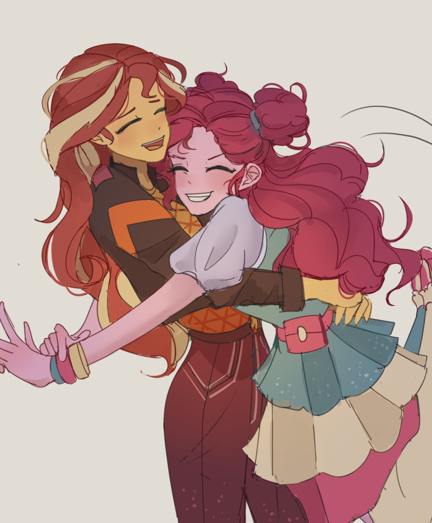 2girls, arms_around_waist, blonde_hair, bracelet, closed_eyes, curly_hair, double_bun, half_updo