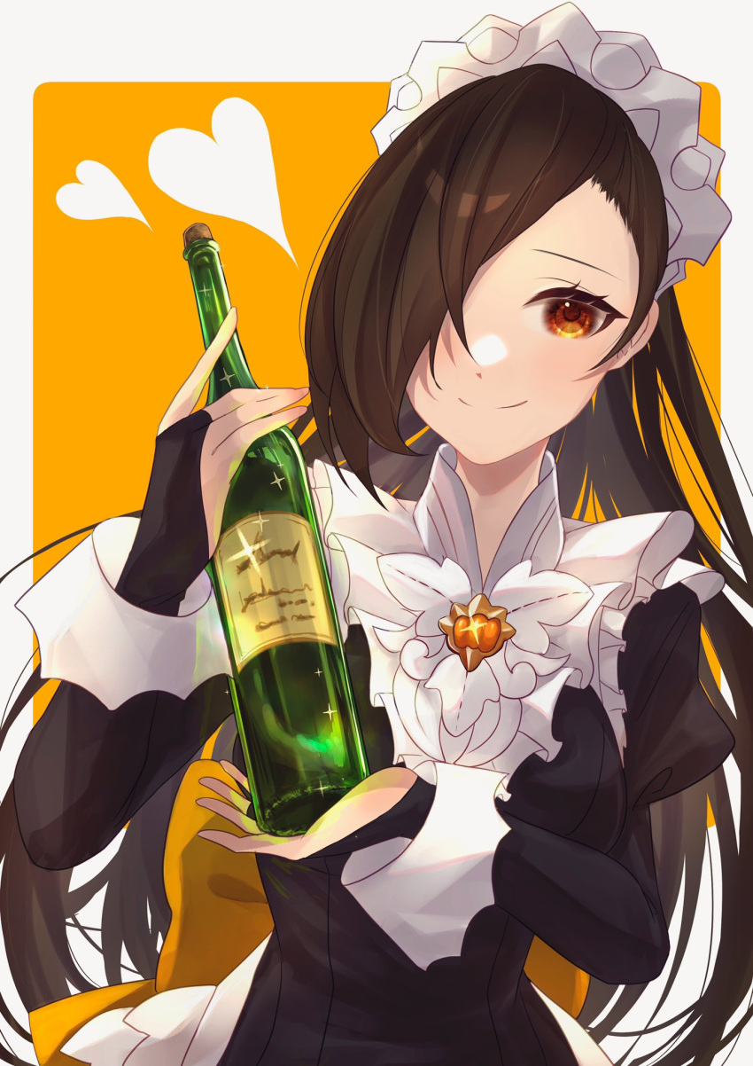 1girl, bangs, bottle, bridal_gauntlets, brooch, closed_mouth, collared_shirt, commission, fire_emblem, fire_emblem_fates, fire_emblem_heroes, halloween, halloween_costume, highres, holding, holding_bottle, jewelry, kagero_(fire_emblem), long_hair, looking_at_viewer, maid, maid_headdress, mizuku, official_alternate_costume, shirt, skeb_commission, smile, upper_body, wine_bottle