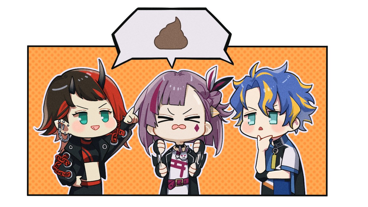 >_<, 1boy, 2girls, astel_leda, bangs, black_gloves, black_hair, black_jacket