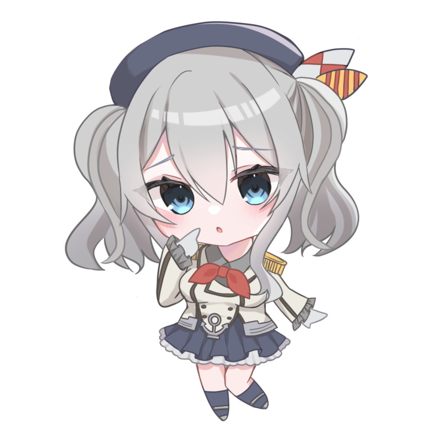 1girl, beret, black_headwear, black_legwear, black_skirt, blue_eyes, buttons, chibi