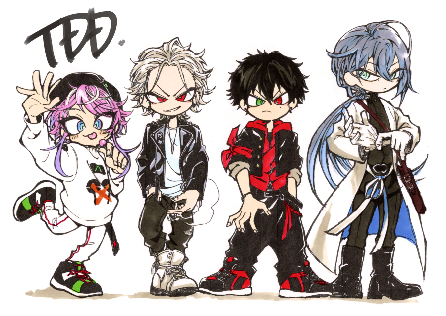 4boys, :p, amemura_ramuda, aohitsugi_samatoki, black_hair, black_pants, blue_eyes, full_body