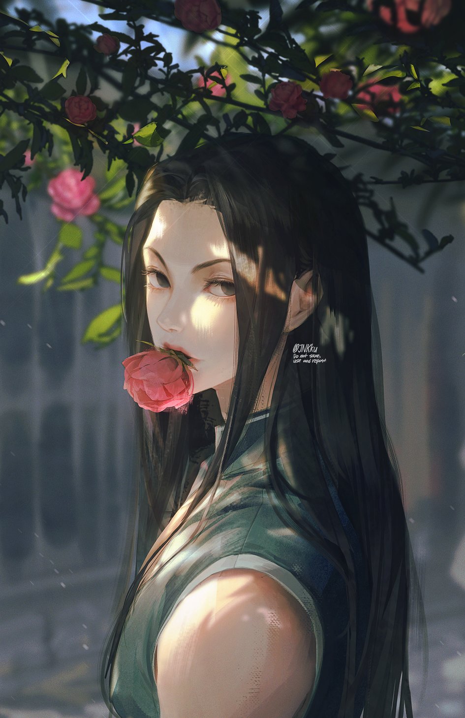 1boy, bare_shoulders, black_hair, blurry, day, depth_of_field, flower, flower_request