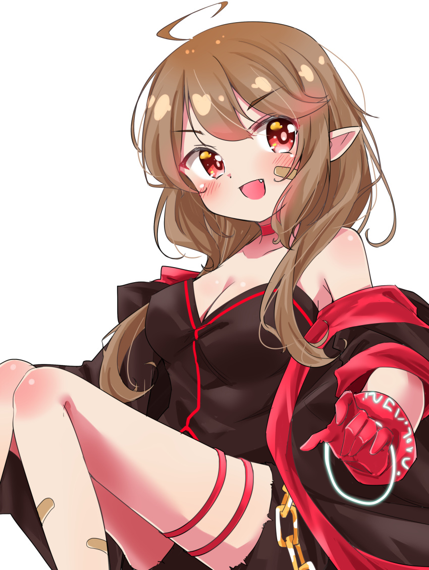 1girl, absurdres, bandage_on_face, bandages, black_coat, black_shirt, black_shorts, brown_hair, choker, coat, commission, commissioner_upload, dungeon_and_fighter, gloves, highres, ikki_the_vikki, meggut2521, pointy_ears, red_gloves, shirt, shorts, smile, thigh_strap, white_background