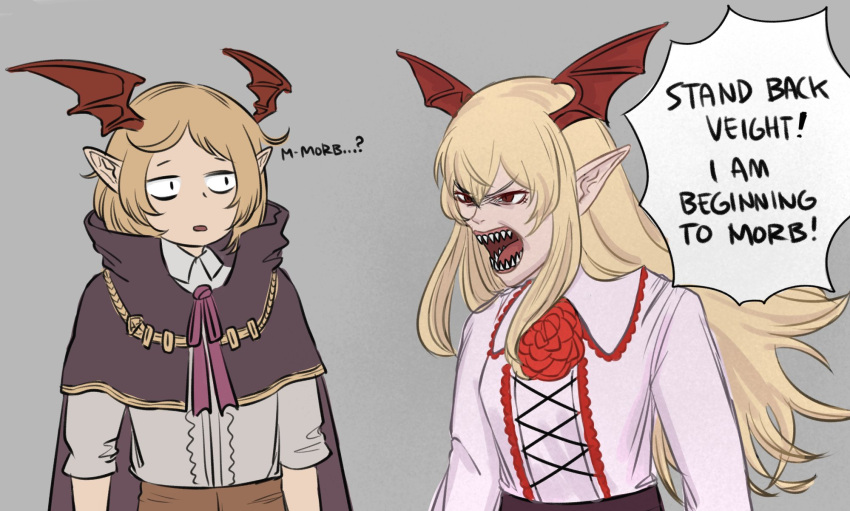 1boy, 1girl, bangs, bat_wings, blonde_hair, capelet, collared_shirt, english_text