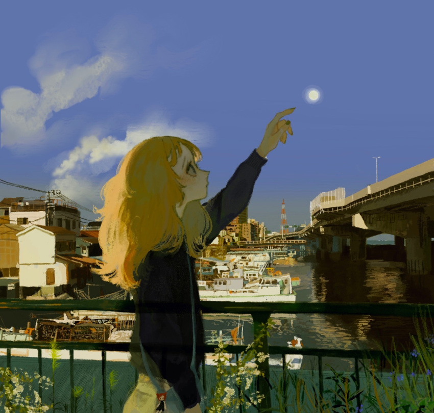 1girl, arm_up, azigashimitoru, bag, black_jacket, blonde_hair, blue_eyes, bridge