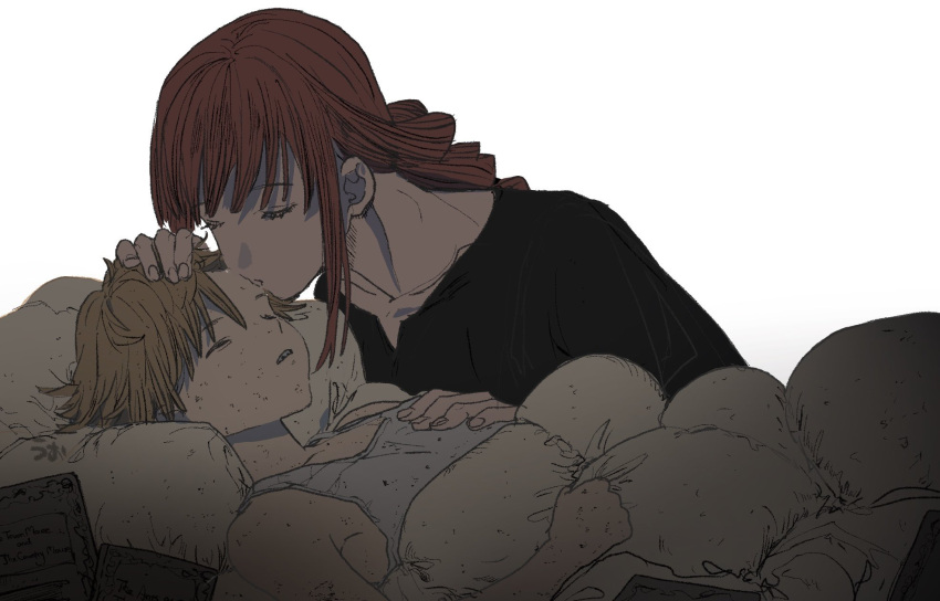 1boy, 1girl, bangs, black_dress, blanket, blonde_hair, braid, braided_ponytail