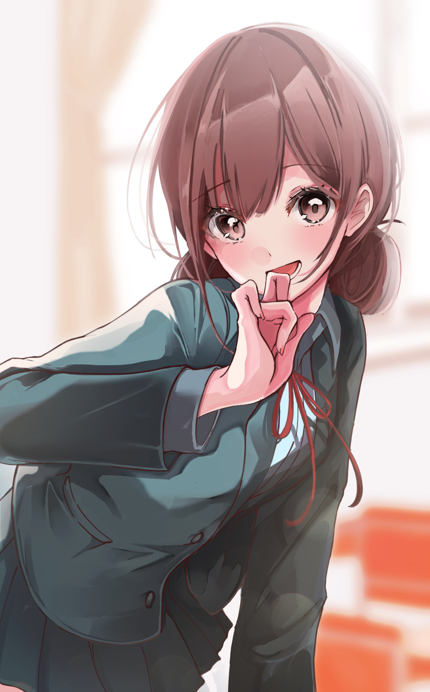 1girl, absurdres, ao_no_hako_(wsj), black_skirt, blurry, blurry_background, brown_hair, chono_hina