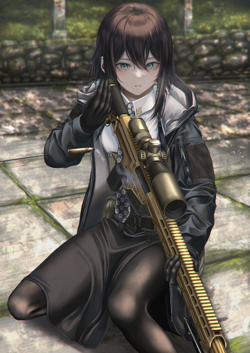 1girl, absurdres, bangs, barrett_mrad, belt, black_gloves, black_hair, black_jacket, black_legwear, black_skirt, bullet, day, gloves, green_belt, gun, hair_between_eyes, highres, holding, holding_gun, holding_weapon, jacket, kneeling, long_sleeves, medium_hair, military, mole, mole_under_mouth, necktie, open_clothes, open_jacket, original, outdoors, pantyhose, parted_lips, pouch, rifle, scenery, scope, shirt, sidelocks, skirt, sniper_rifle, solo, weapon, white_shirt, yahiro