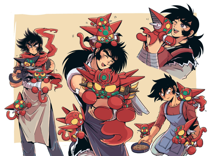 1boy, ^_^, apron, black_eyes, black_getter, black_hair, chibi, closed_eyes