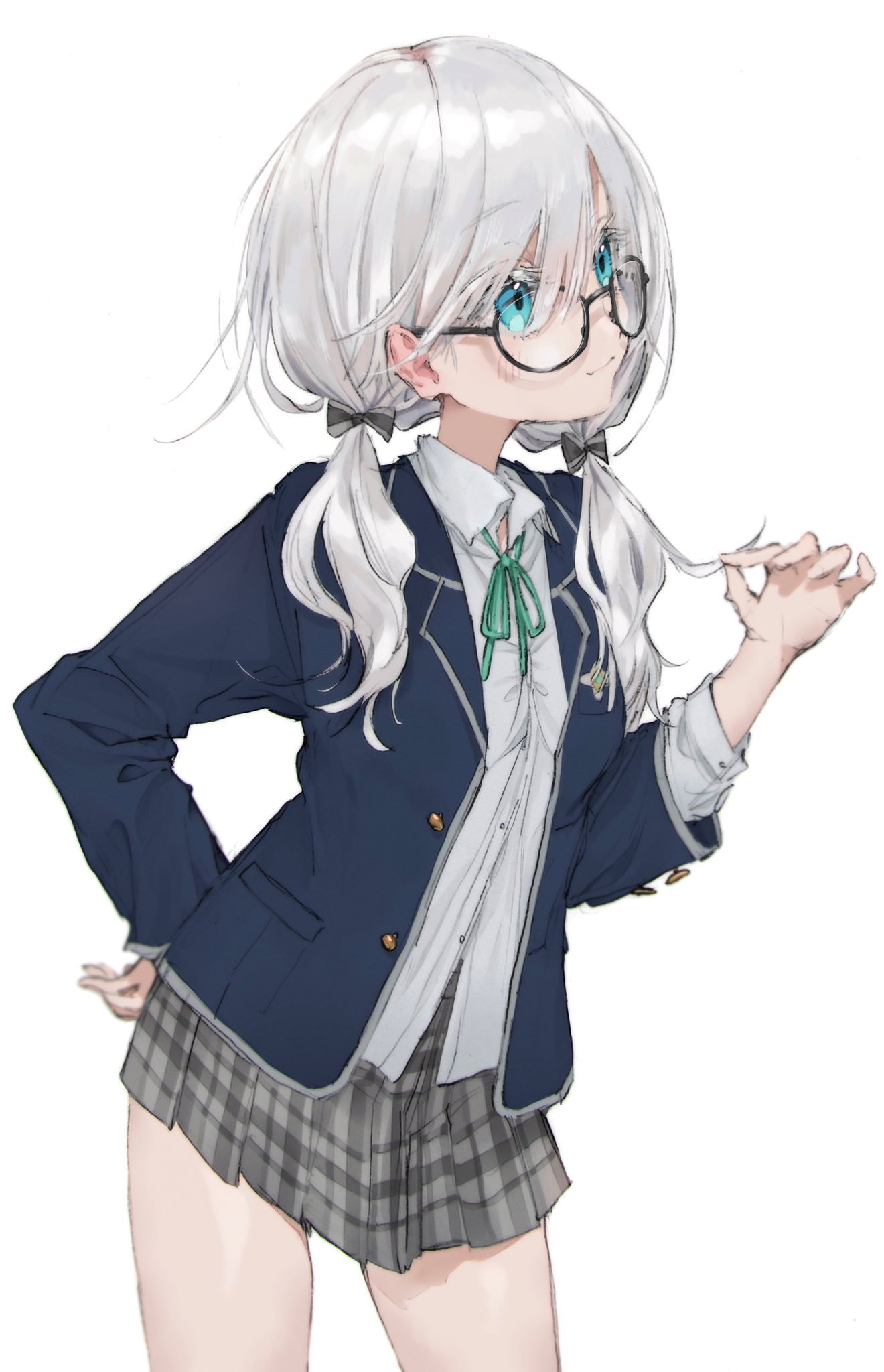 1girl, ars_almal, black-framed_eyewear, blazer, blue_jacket, bow, collared_shirt, cowboy_shot, glasses, green_ribbon, grey_hair, hair_bow, highres, jacket, light_blue_eyes, long_hair, miniskirt, myoumyouji, neck_ribbon, nijisanji, plaid, plaid_skirt, playing_with_own_hair, ribbon, shirt, simple_background, skirt, smile, solo, twintails, virtual_youtuber, white_background, white_shirt