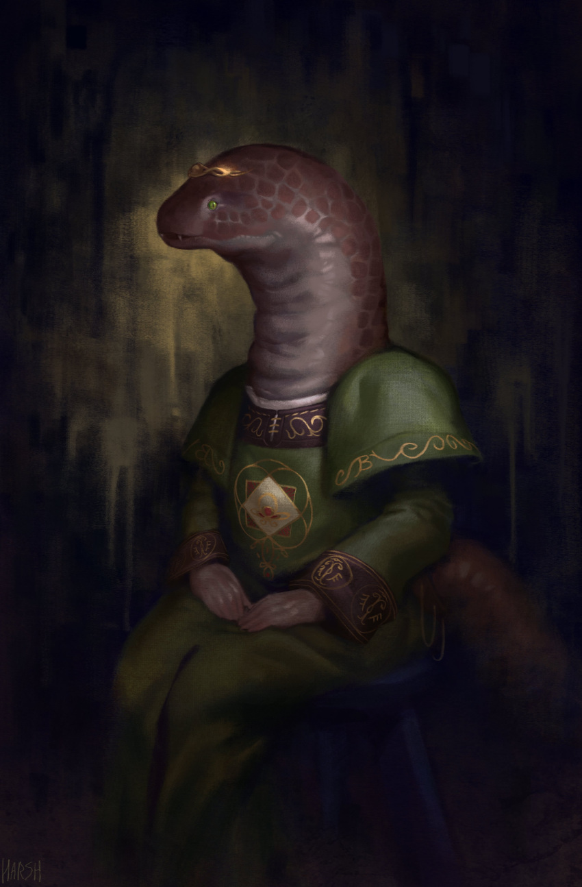 1girl, absurdres, bald, bald_girl, crest, crown, dress, elden_ring, english_commentary, fangs, furry, furry_female, green_dress, green_eyes, harsh-mallowz, highres, long_neck, monster_girl, rya_(elden_ring), scales, sitting, solo, spoilers