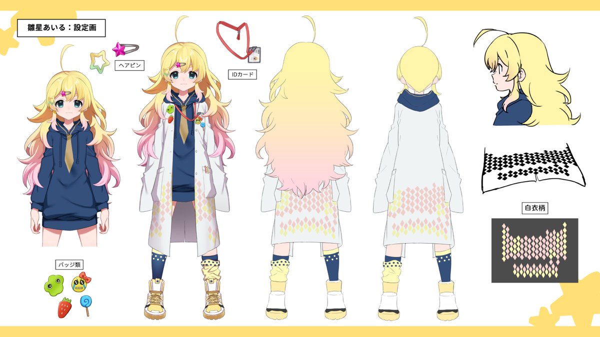 1girl, ahoge, blonde_hair, character_sheet, feb_itk, hair_ornament, hinahoshi_airu, jacket