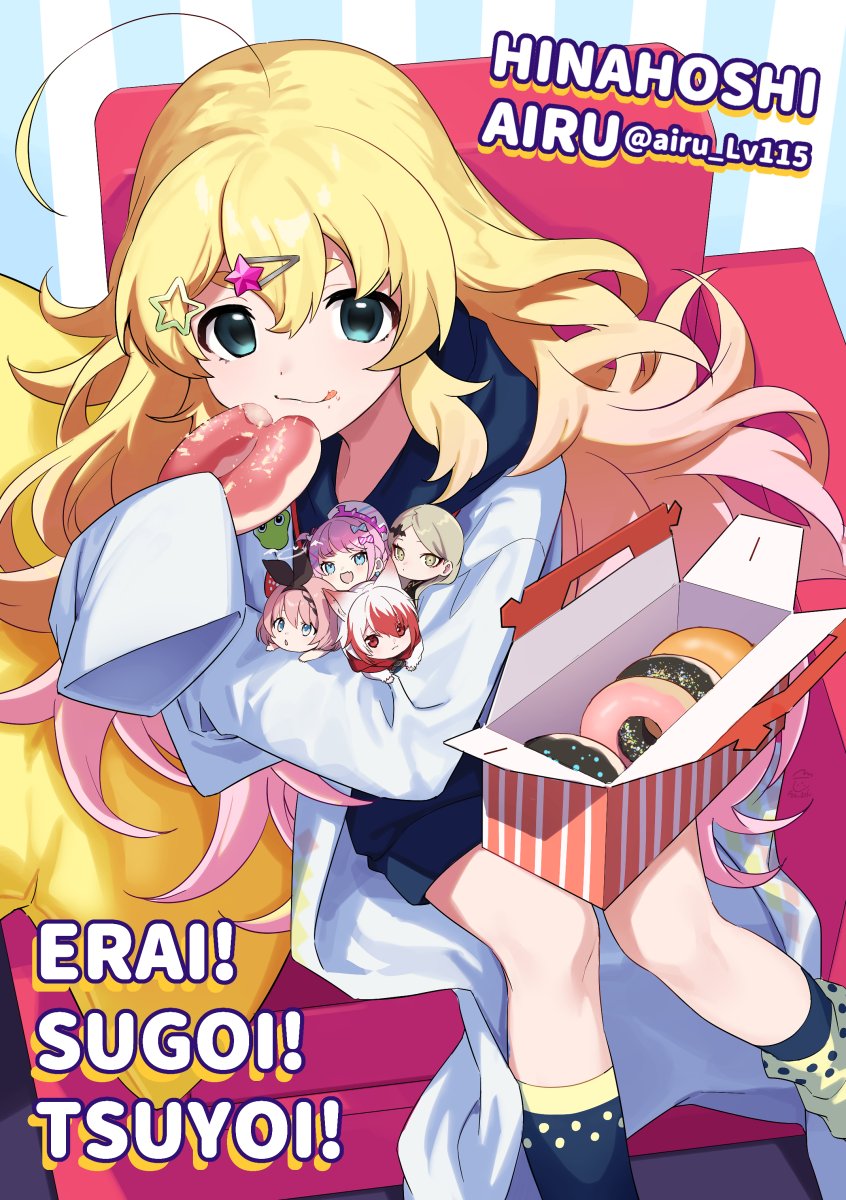 1girl, ahoge, blonde_hair, chibi, couch, doughnut, feb_itk, food