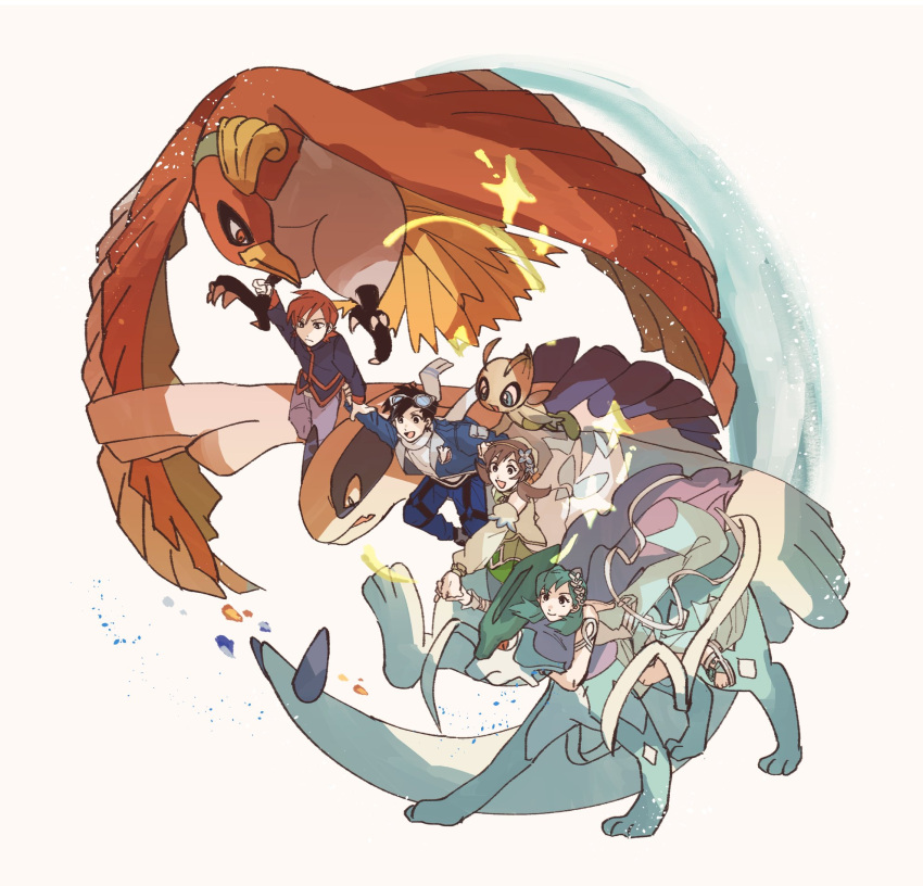 2boys, 2girls, black_hair, blue_hair, brown_hair, celebi, dress, ethan_(pokemon), highres, ho-oh, holding_hands, jacket, kkhphpl, kris_(pokemon), lugia, lyra_(pokemon), multiple_boys, multiple_girls, official_alternate_costume, pokemon, pokemon_(creature), pokemon_(game), pokemon_gsc, pokemon_hgss, pokemon_masters_ex, redhead, riding, riding_pokemon, scarf, silver_(pokemon), suicune, talons, wings