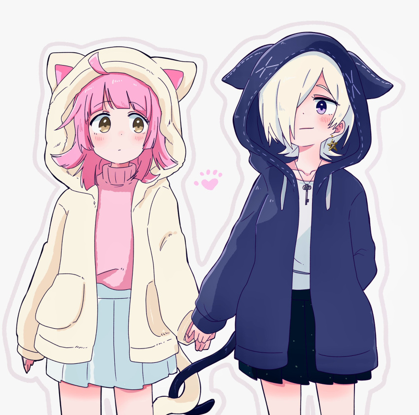 2girls, bangs, black_skirt, blonde_hair, blue_dress, blue_hoodie, brown_eyes, cat_tail, collarbone, dress, eyebrows_visible_through_hair, hair_over_one_eye, highres, holding_hands, hood, hood_up, hoodie, jewelry, key, kinasuzu55, love_live!, love_live!_nijigasaki_high_school_idol_club, mia_taylor, multiple_girls, necklace, pink_hair, pink_sweater, shirt, skirt, sweater, tail, tennoji_rina, turtleneck, turtleneck_sweater, violet_eyes, white_shirt, yellow_hoodie