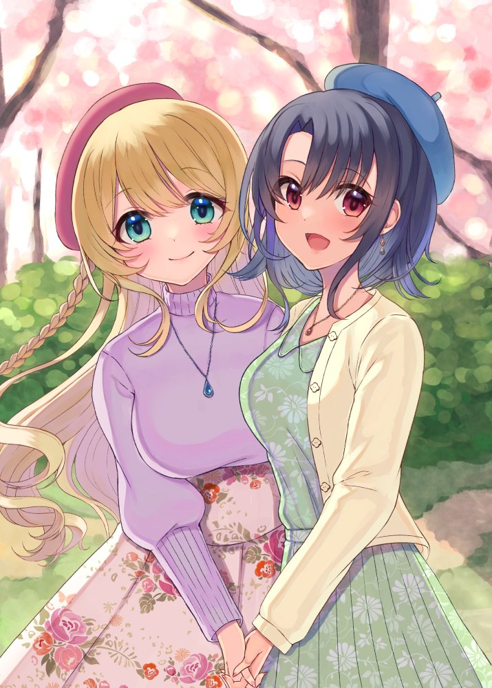 2girls, alternate_costume, alternate_hairstyle, atago_(kancolle), bangs, beret, black_hair, blue_eyes