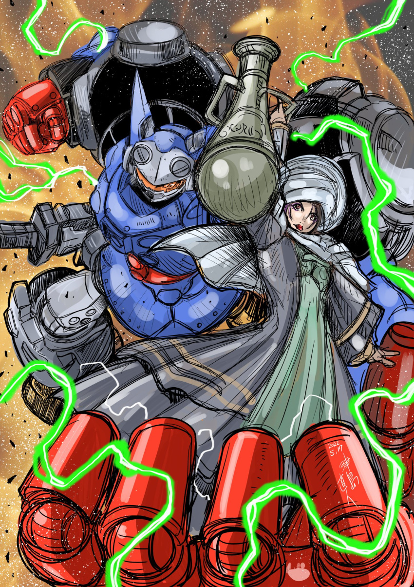 1girl, brown_hair, clenched_hand, dress, electricity, green_dress, head_tilt, helmet, highres, in_palm, long_hair, mecha, megaton_musashi, musashi_(megaton_musashi), open_hand, real_life, red_lips, sketch, super_robot, tachibana_maria, tsushima_naoto, violet_eyes, visor