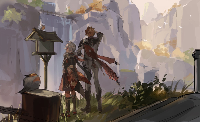 2boys, antenna_hair, bangs, bird, black_footwear, boots, fingerless_gloves, genshin_impact