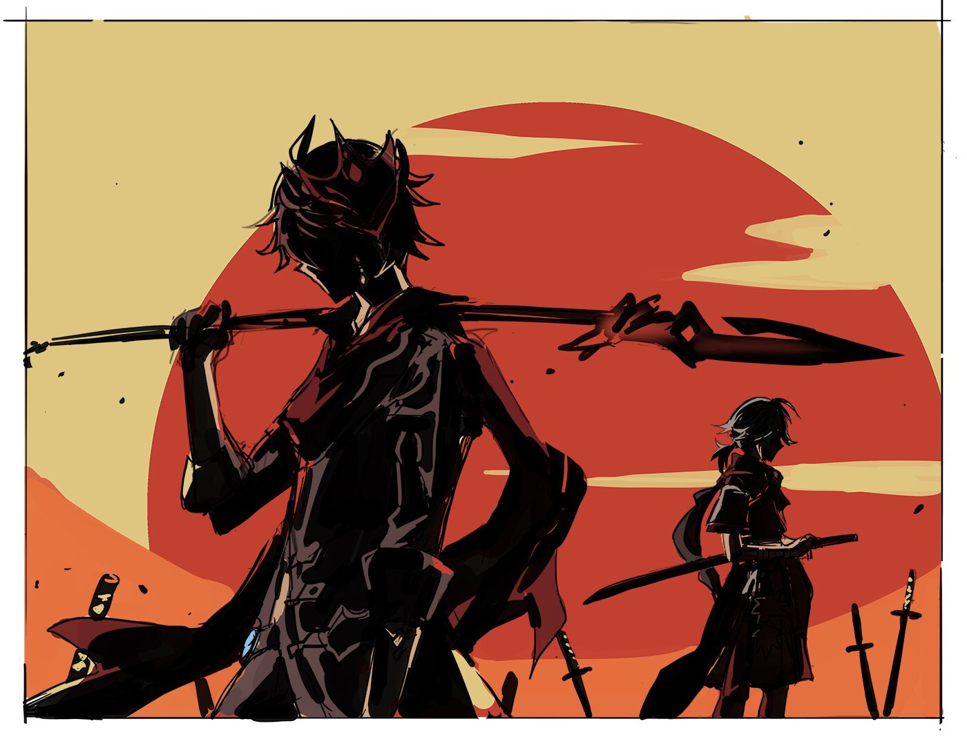 2boys, border, from_side, genshin_impact, holding, holding_polearm, holding_sword, holding_weapon