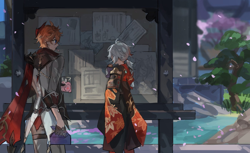 2boys, armor, bangs, bento, black_gloves, blue_eyes, board, cherry_blossoms
