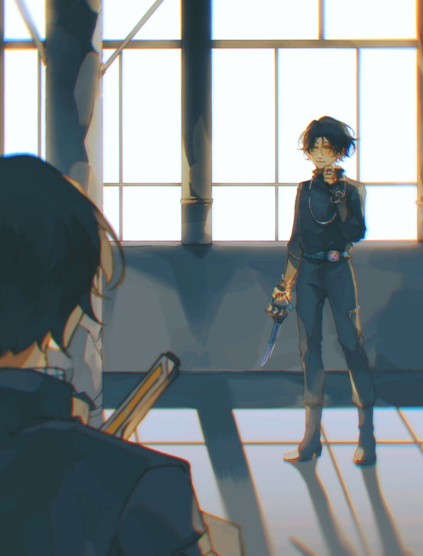 2boys, bat, bat_genome, battle, bishounen, black_footwear, black_hair, black_pants