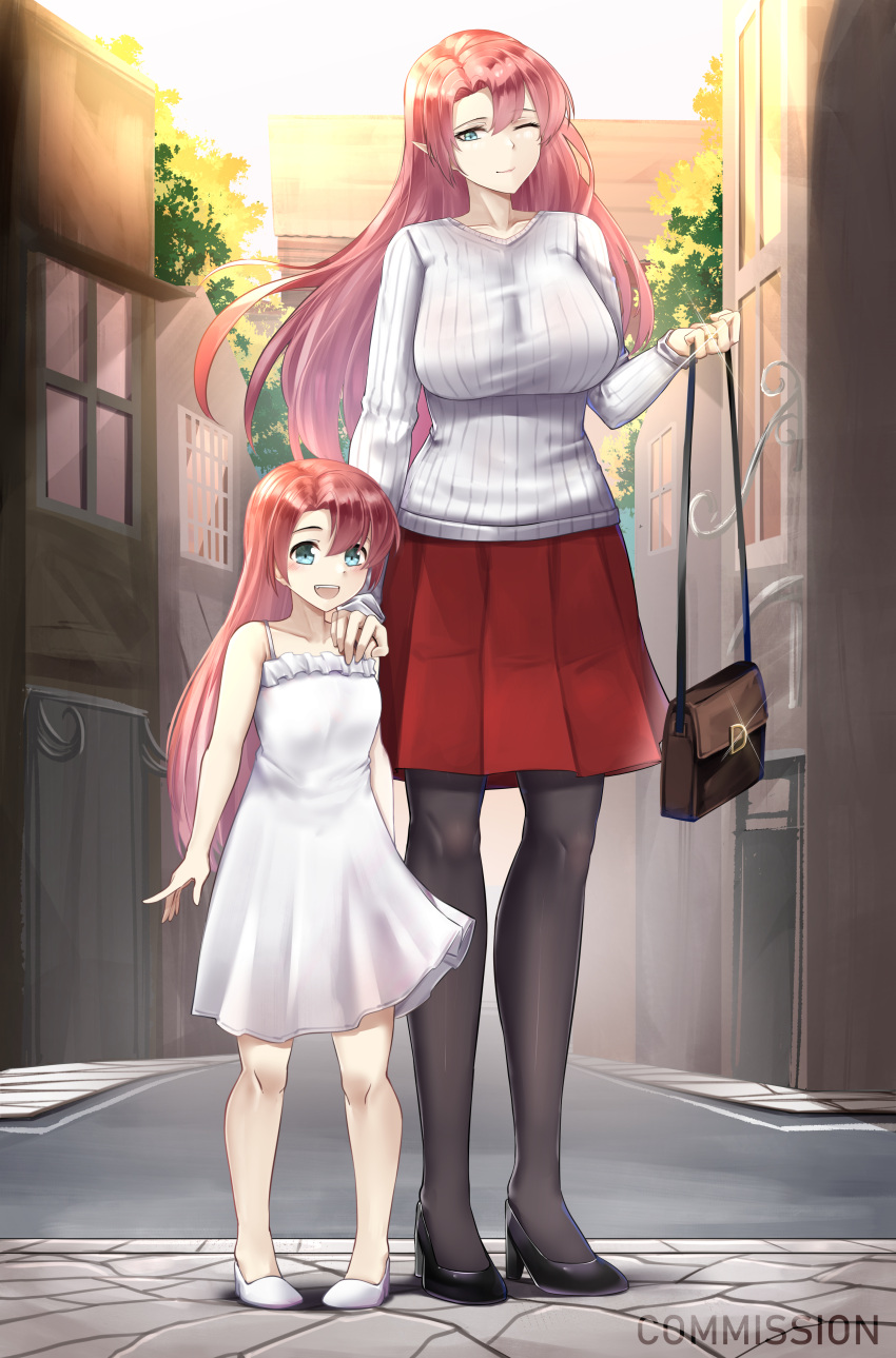 2girls, absurdres, azur_lane, bag, black_footwear, black_legwear, blue_eyes, breasts