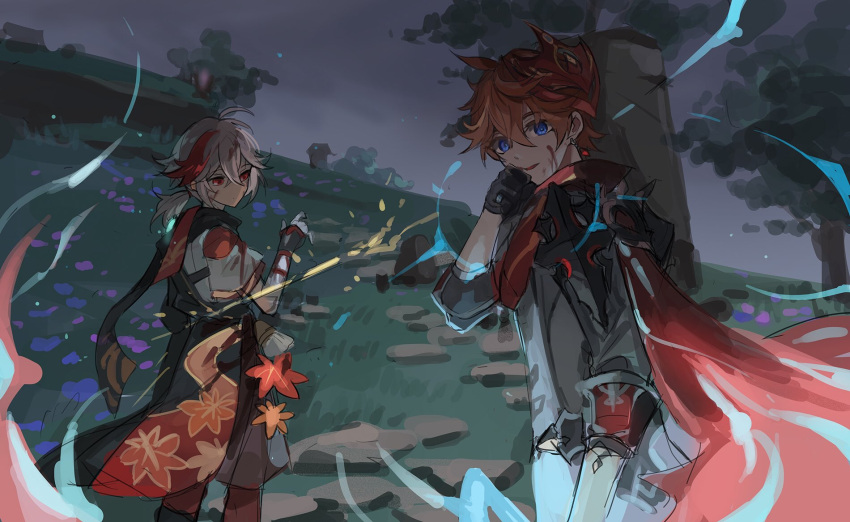 2boys, bangs, black_gloves, blood, blood_on_clothes, blood_on_face, earrings, genshin_impact