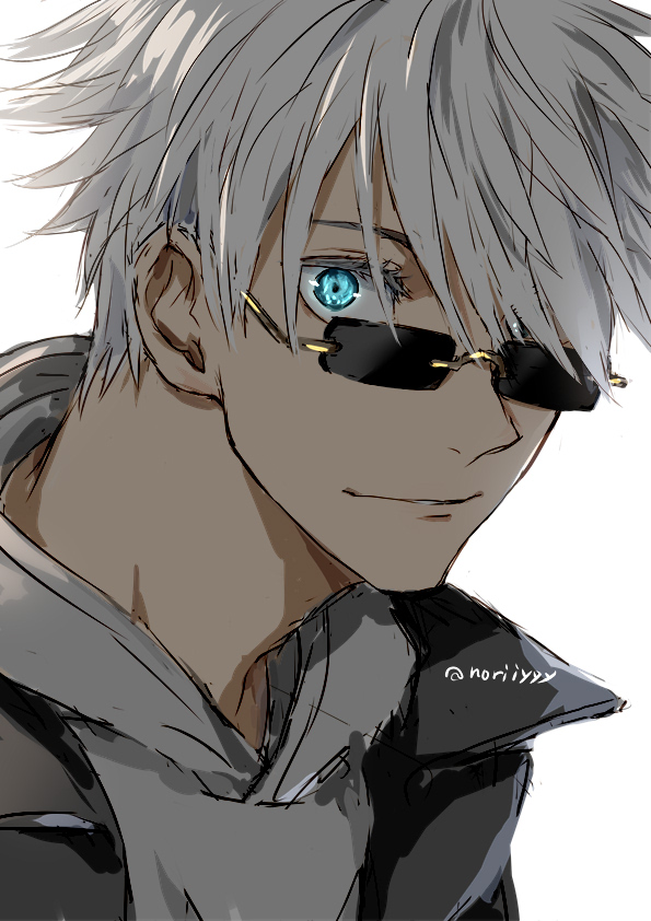 1boy, bangs, black_jacket, blue_eyes, colored_eyelashes, commentary_request, glasses, gojou_satoru