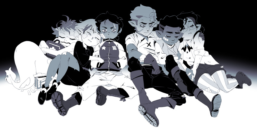 2boys, 4girls, amity_blight, bandages, bandaid, bandaid_on_face, boots, crying, dana_terrace, first_aid_kit, gus_porter, highres, hug, hunter_(the_owl_house), lamia, luz_noceda, monochrome, monster_girl, multiple_boys, multiple_girls, pointy_ears, scar, scar_on_face, sleeping, spoilers, the_owl_house, torn_clothes, vee_(the_owl_house), willow_park