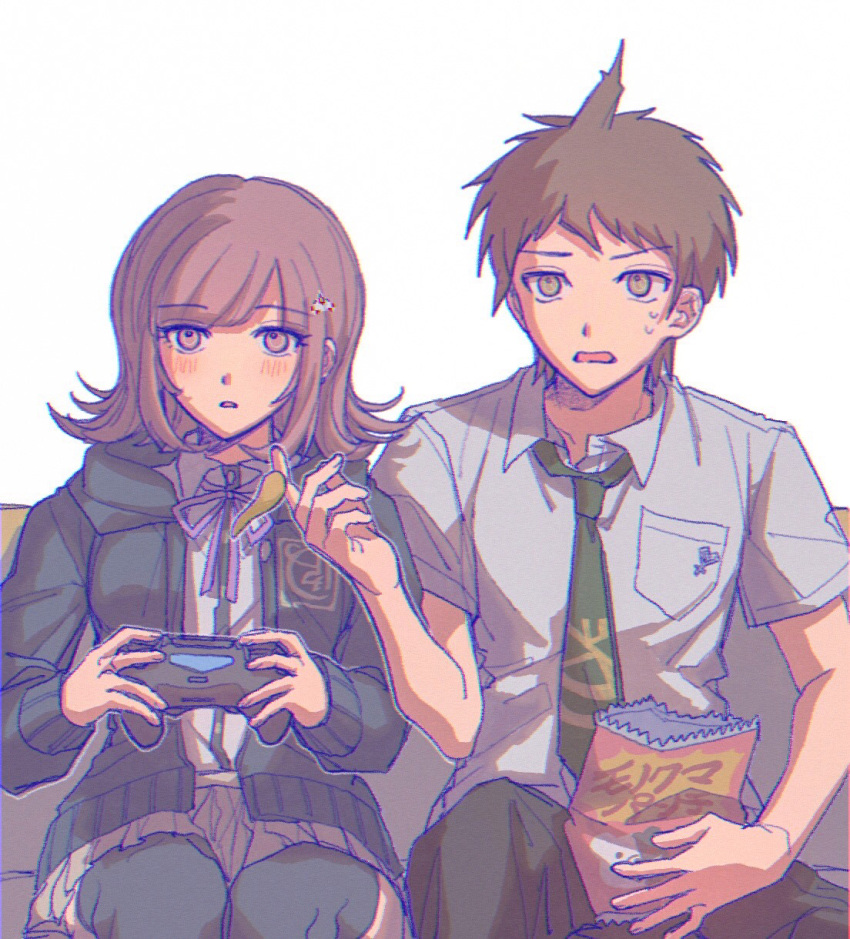 1boy, 1girl, ahoge, badge, bangs, blush, breast_pocket, brown_hair