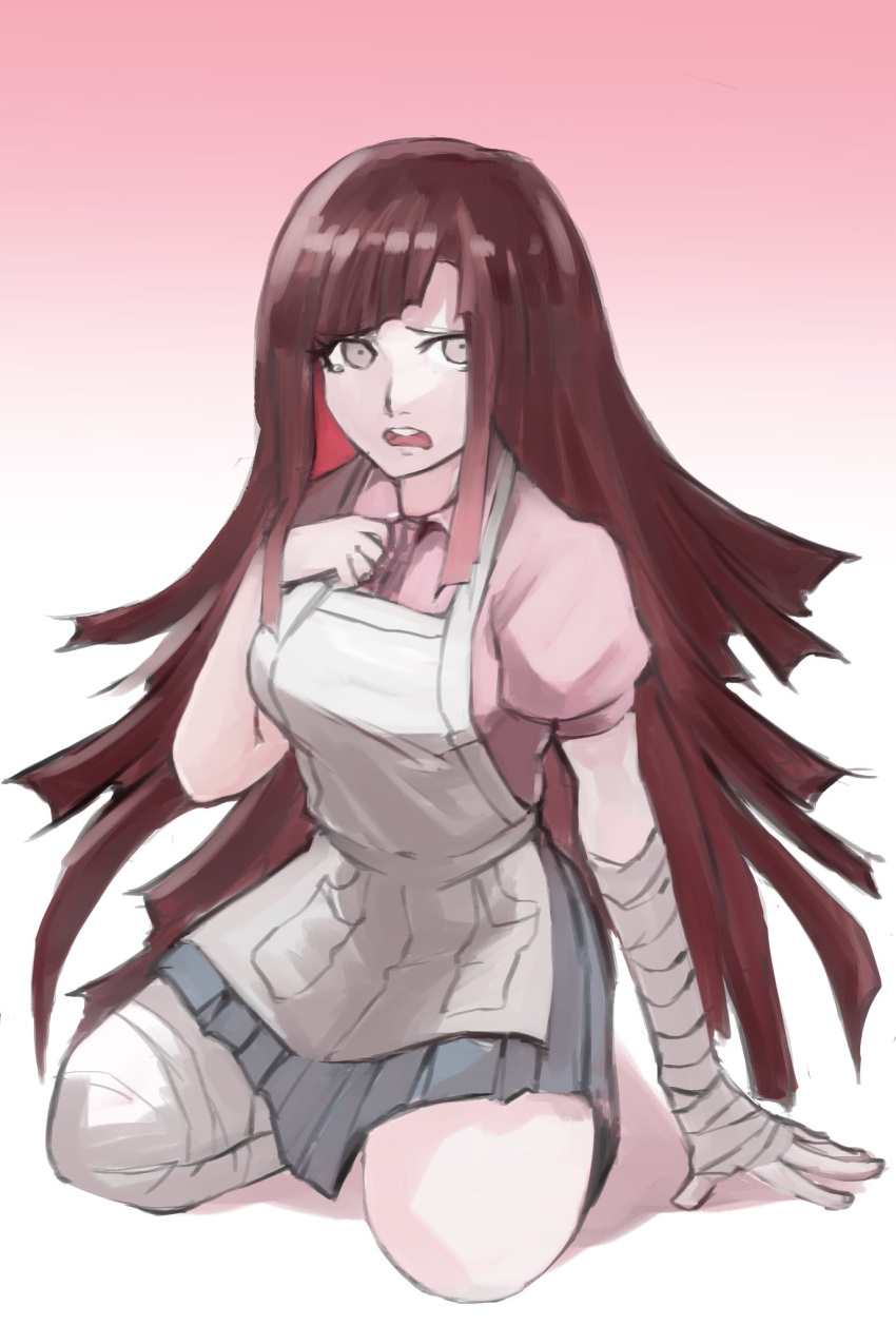 1girl, apron, bandaged_arm, bandaged_leg, bandages, bangs, breasts, brown_hair