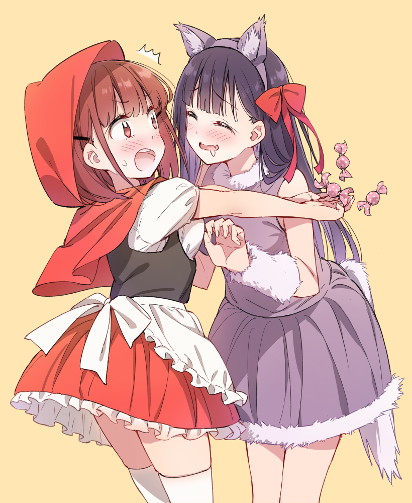 2girls, :d, ^_^, amae_sasete_hinamori-san!, animal_ears, apron, bangs, big_bad_wolf