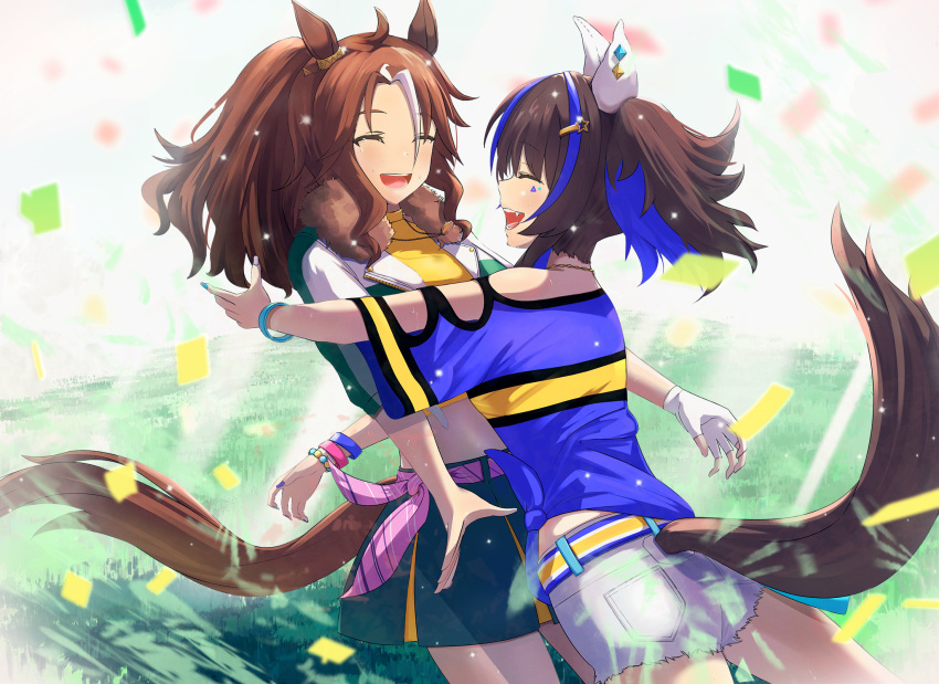 2girls, animal_ears, arm_cutout, bare_shoulders, belt, blue_hair, bracelet, brown_hair