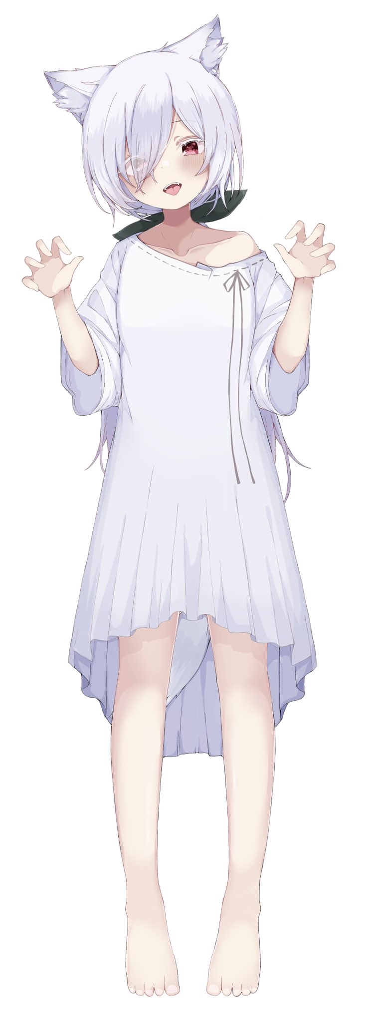 1girl, amagami_nico, animal_ear_fluff, animal_ears, barefoot, claw_pose, dress, fox_ears