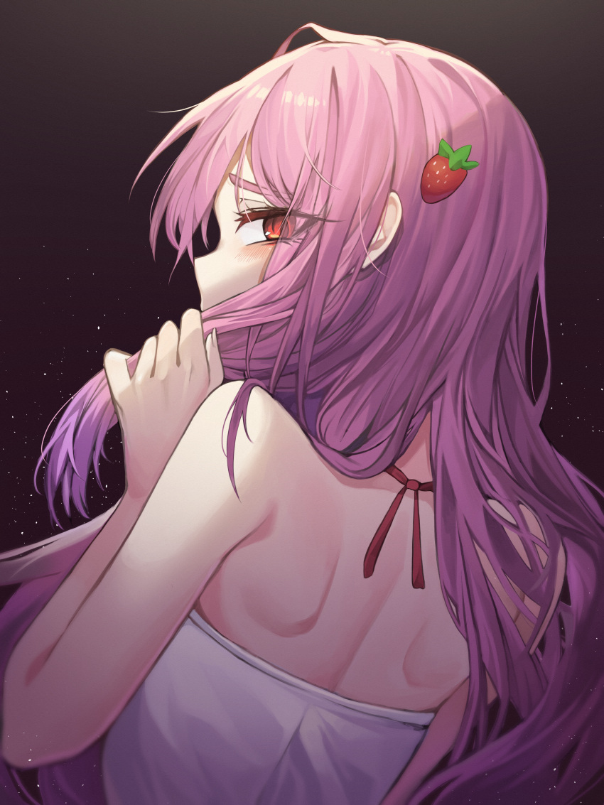 1girl, absurdres, bangs, bare_shoulders, bil-ajeossi, blush, eyebrows_visible_through_hair, food-themed_hair_ornament
