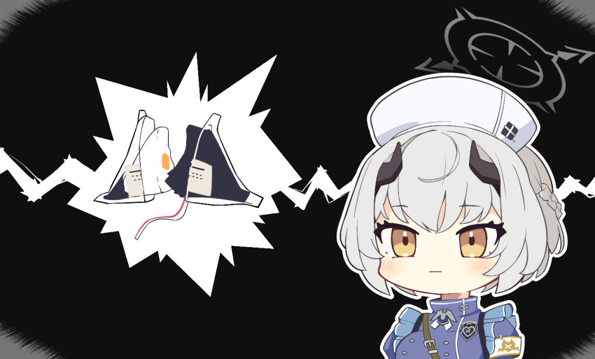 1girl, aku_oribi, bangs, black_background, blue_archive, brown_eyes, commentary_request, demon_girl