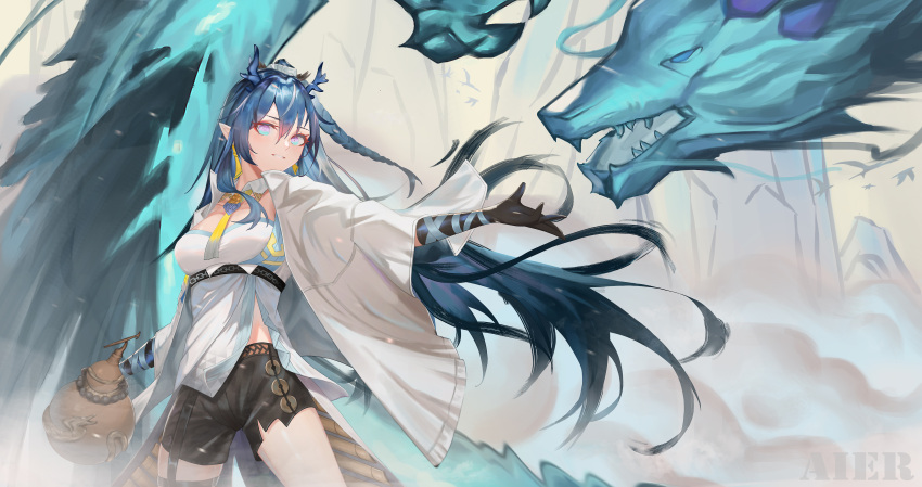 1girl, absurdres, aier_(2835730563), arknights, artist_name, bangs, black_gloves, black_legwear, black_shorts, blue_eyes, blue_hair, braid, breasts, coat, cowboy_shot, detached_collar, dragon, dragon_girl, dragon_horns, dragon_tail, earrings, eyebrows_visible_through_hair, eyeshadow, floating_hair, garter_straps, gloves, gourd, highres, holding, horns, jewelry, large_breasts, ling_(arknights), long_hair, long_sleeves, makeup, multicolored_hair, necktie, open_clothes, open_coat, outstretched_arm, parted_lips, pointy_ears, shirt, shorts, single_thighhigh, smile, solo, streaked_hair, tail, thigh-highs, two-tone_hair, underbust, very_long_hair, white_coat, white_shirt, wide_sleeves, wind, yellow_necktie