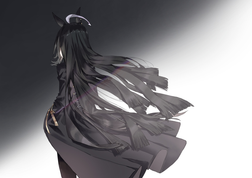 1girl, ahoge, amano_kokoko, animal_ears, black_background, black_coat, black_hair, black_legwear