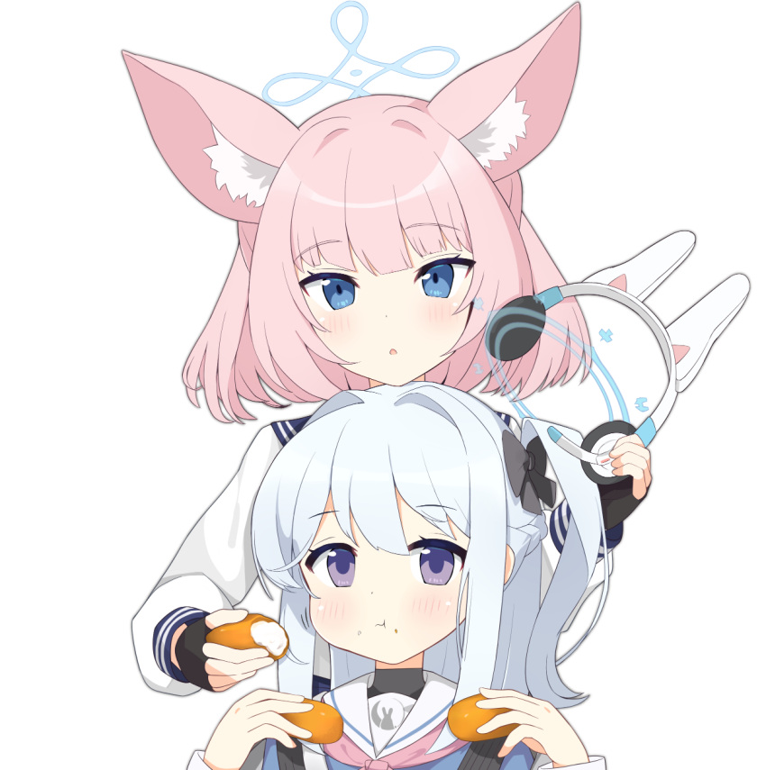 2girls, aburaage, aku_oribi, animal_ears, bangs, blue_archive, blue_eyes, blunt_bangs