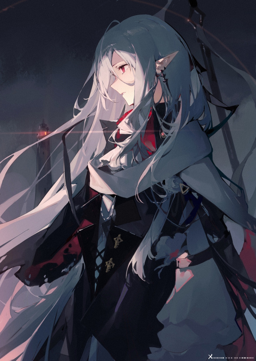 1girl, arknights, beacon, earrings, gladiia_(arknights), gladiia_(return)_(arknights), grey_hair, hair_ornament