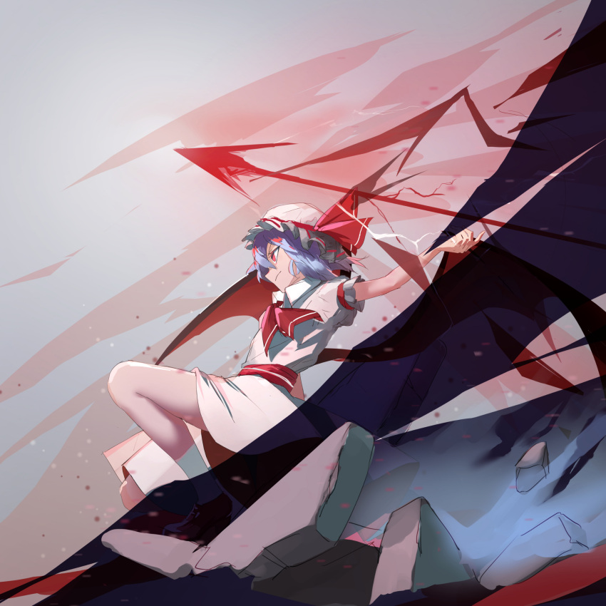 1girl, ascot, aura, bangs, bat_wings, blue_hair, chinese_commentary, collared_dress