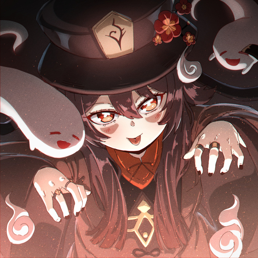 1girl, :d, :p, bangs, black_hair, black_nails, chinese_clothes, commentary_request, eyebrows_visible_through_hair, flower, genshin_impact, ghost, ghost_pose, hair_between_eyes, hat, hat_flower, hat_ornament, highres, hitodama, hu_tao_(genshin_impact), jewelry, lhofi, long_hair, long_sleeves, looking_at_viewer, orange_eyes, ring, sidelocks, smile, symbol-shaped_pupils, tongue, tongue_out, twintails