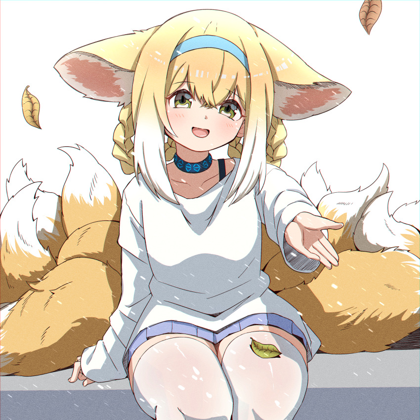 1girl, :d, absurdres, animal_ears, arknights, bangs, blonde_hair, braid, casual, choker, collarbone, commentary, eyebrows_visible_through_hair, fox_ears, fox_girl, fox_tail, gradient_hair, green_eyes, hair_between_eyes, highres, infection_monitor_(arknights), kyuubi, leaf, lhofi, long_hair, long_sleeves, looking_at_viewer, multicolored_hair, multiple_tails, pleated_skirt, reaching_out, sidelocks, simple_background, sitting, skirt, smile, solo, suzuran_(arknights), tail, twin_braids, two-tone_background, white_legwear, zettai_ryouiki