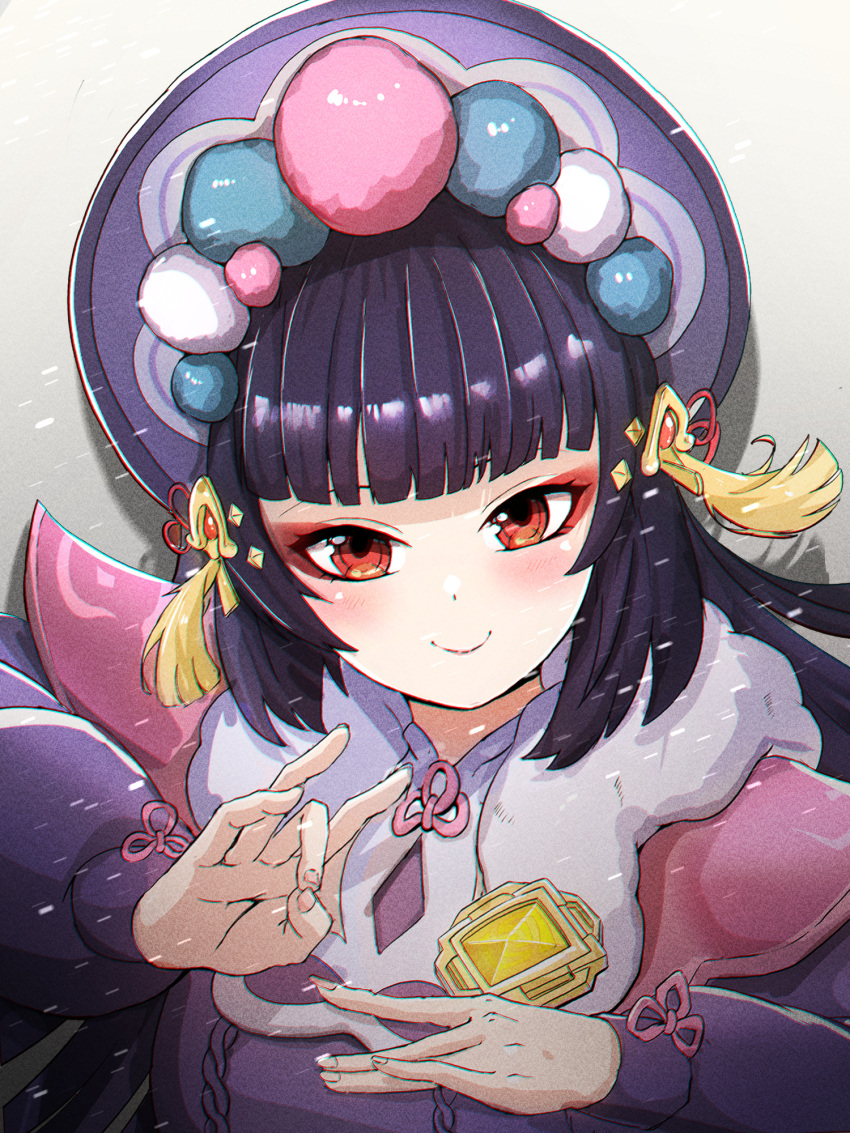 1girl, bangs, black_hair, blunt_bangs, capelet, commentary_request, eyebrows_visible_through_hair, eyeshadow