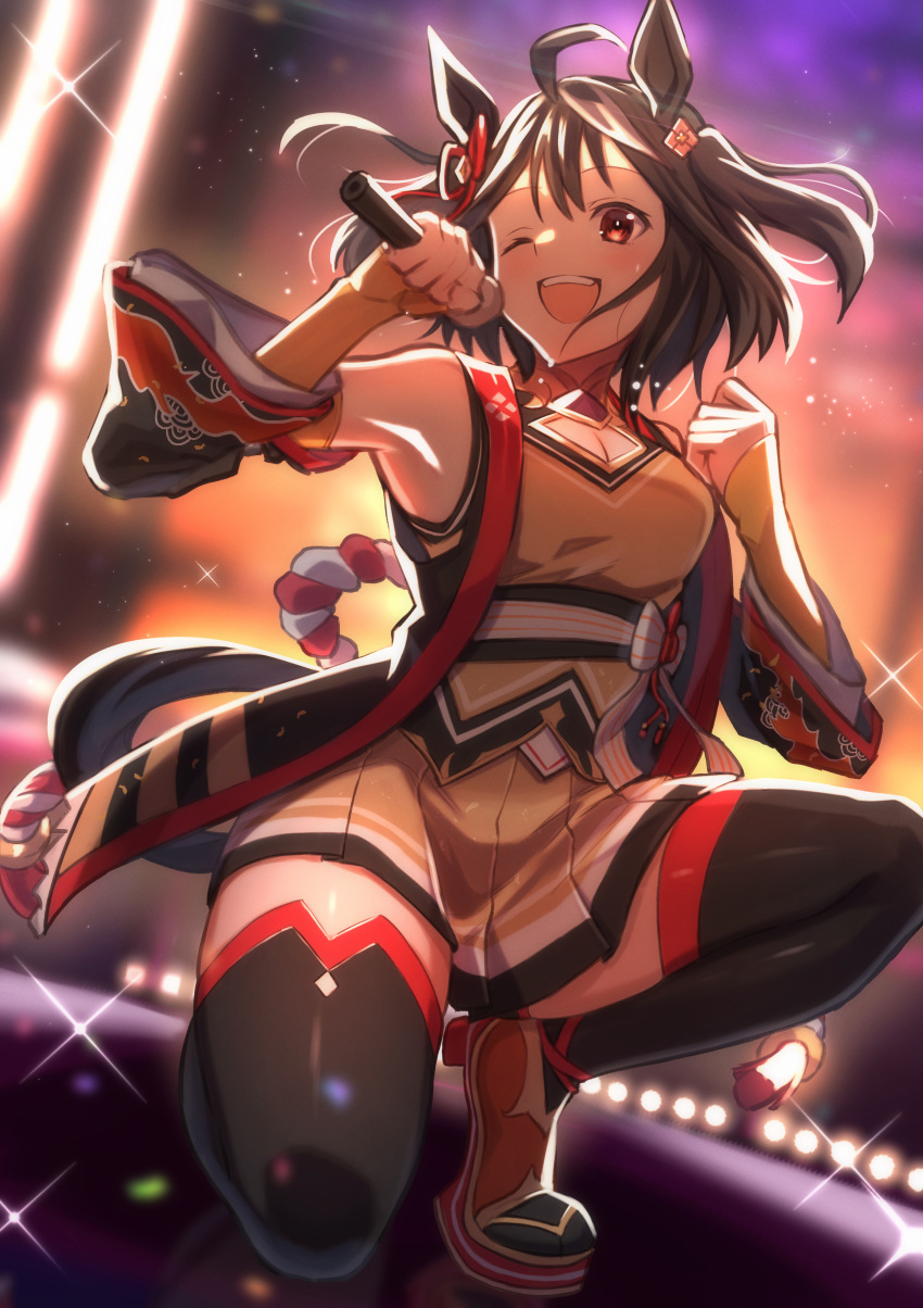 1girl, ;d, absurdres, ahoge, animal_ears, backlighting, bangs, bare_shoulders