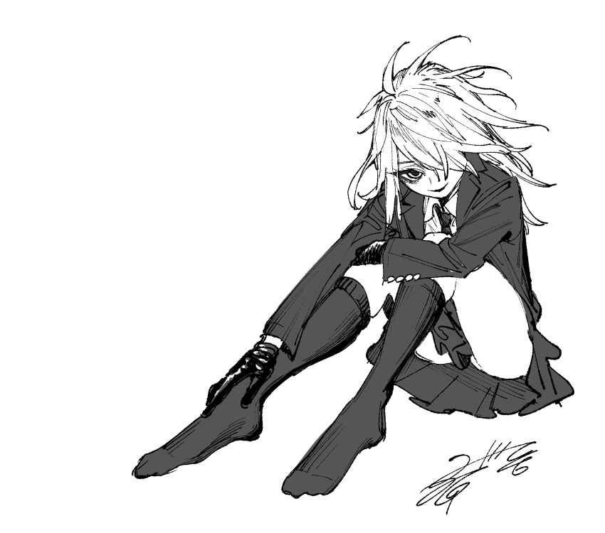 1girl, closed_mouth, eyelashes, gloves, grey_background, greyscale, hair_over_one_eye, hatching_(texture), highres, long_eyelashes, long_hair, looking_at_viewer, messy_hair, monochrome, necktie, no_shoes, original, saitou1218, signature, simple_background, sitting, sketch, skirt, smile, solo