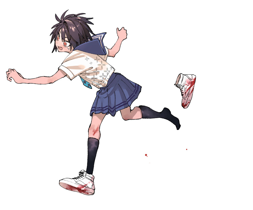 1girl, aqua_necktie, blood, blood_on_leg, blood_on_shoes, blue_skirt, brown_hair, buruma